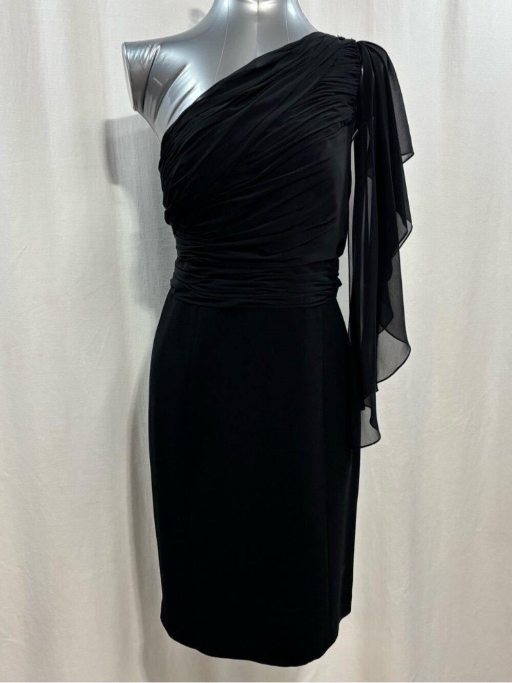 JS Collections Black One-Shoulder Rushed Draped Cocktail Dress Sz16 formal chic
